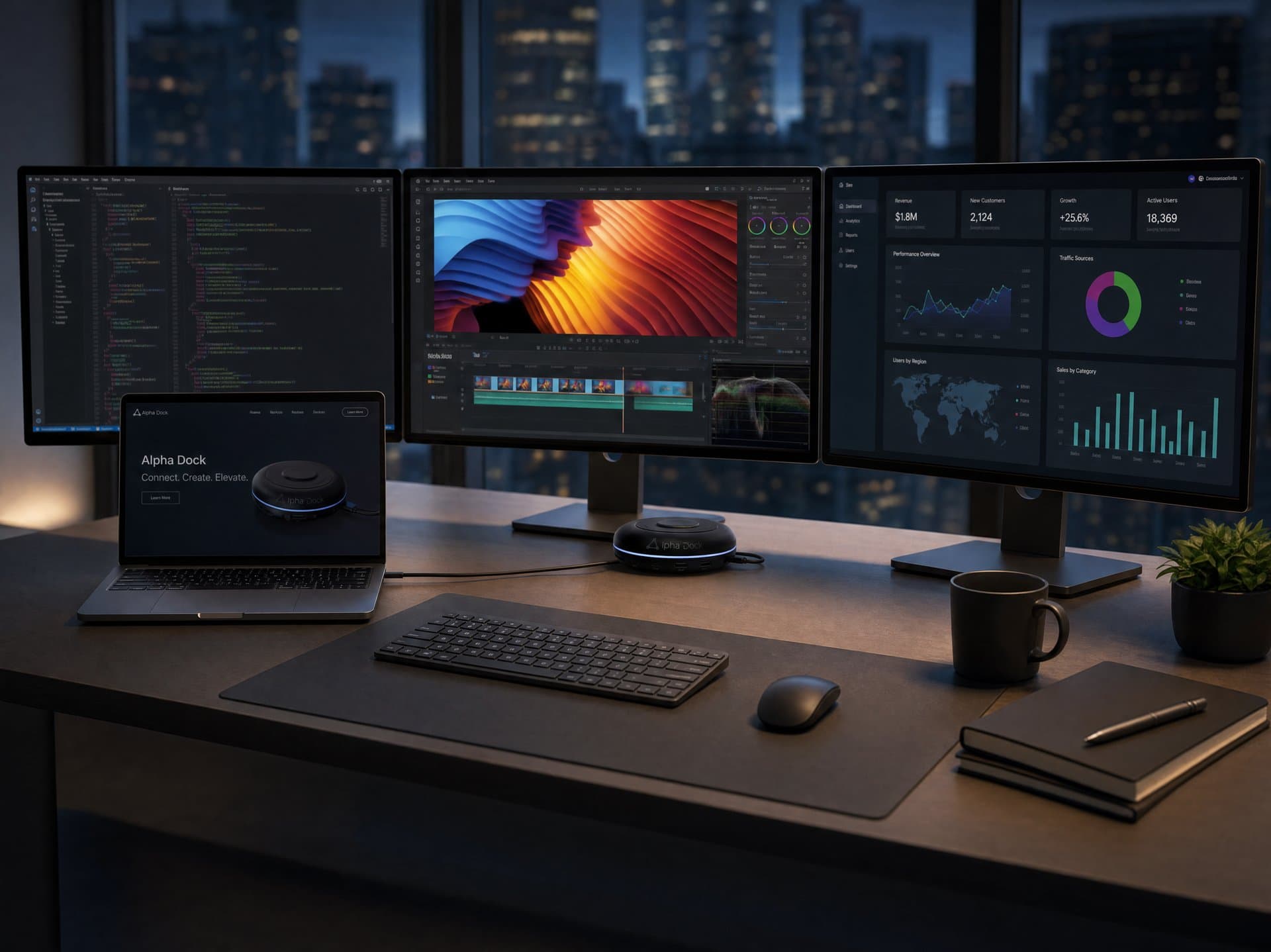AlphaDock CL1 on a hybrid worker's home desk connecting laptop to multiple monitors with one cable