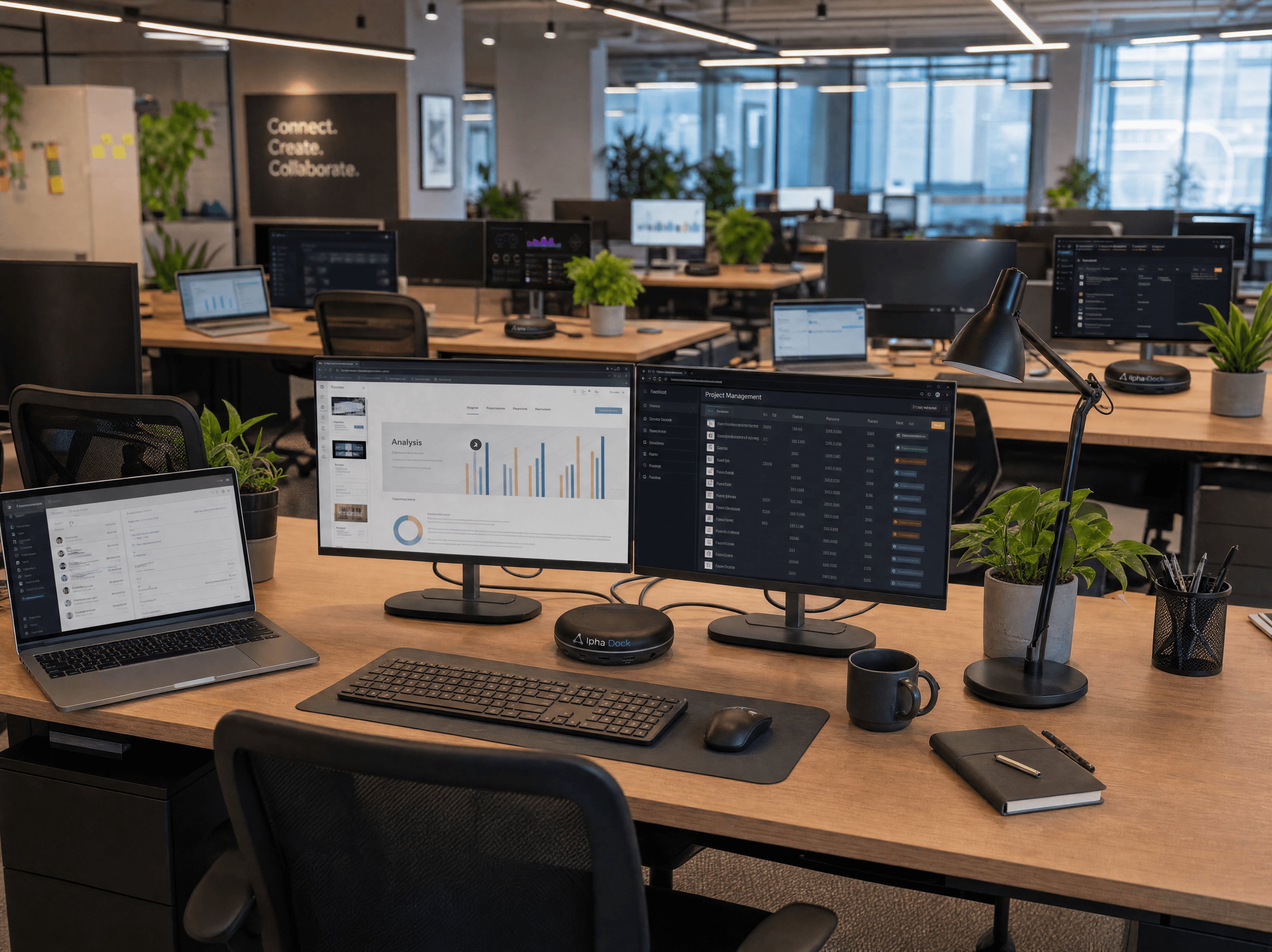 AlphaDock CL1 deployed across office desks providing single-cable docking for hot-desk hybrid workplace IT rollout