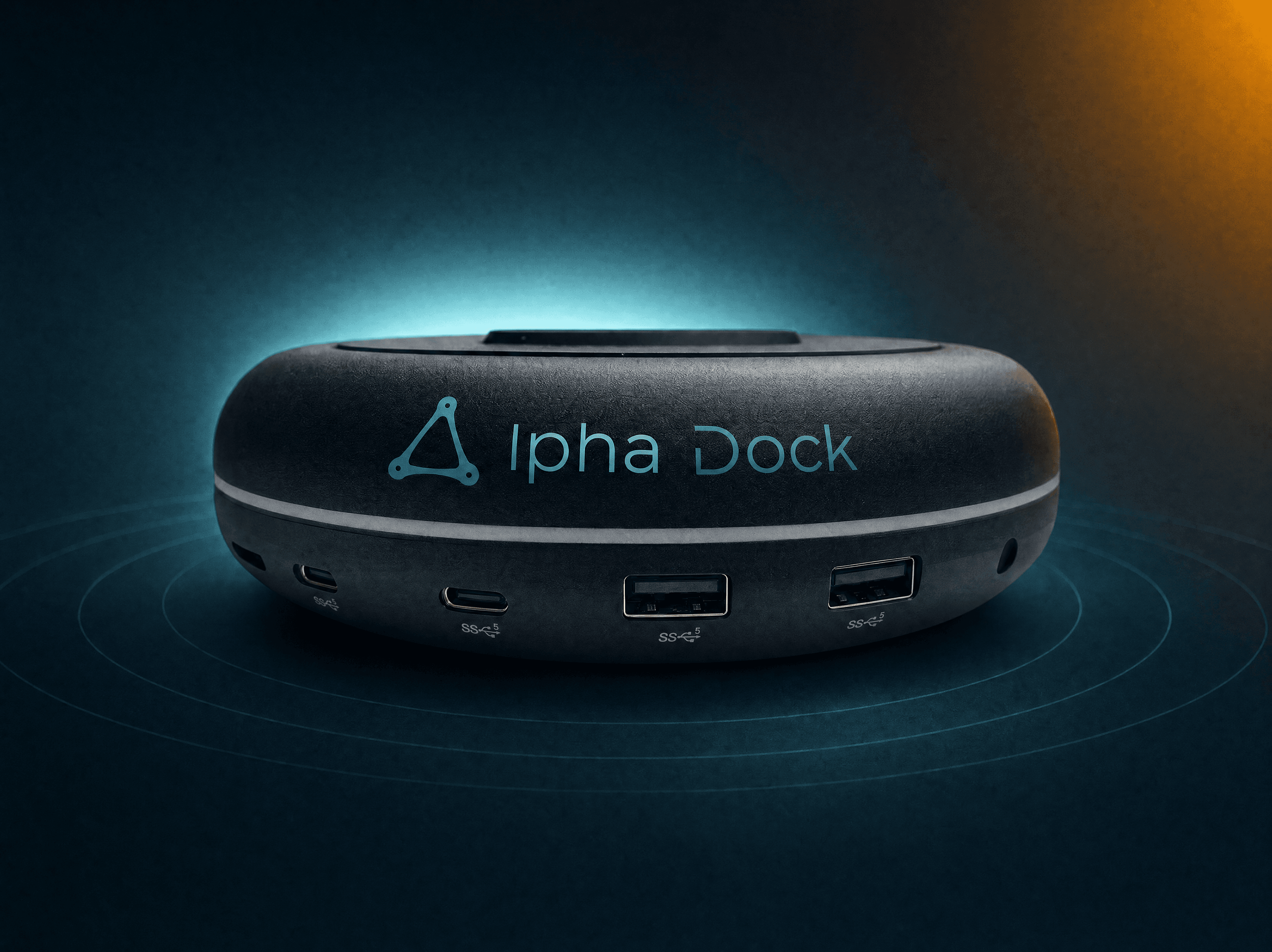 AlphaDock CL1 Thunderbolt 5 docking station on a clean modern desk with one cable connecting laptop, monitors and accessories
